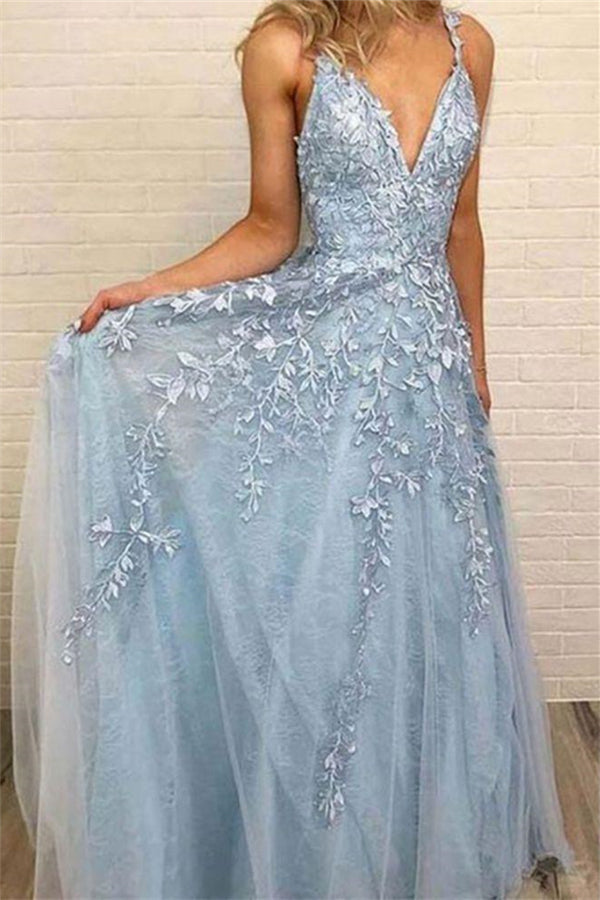 Sky Blue Lace Prom Dresses Deep V-Neck A-Line Long Party Elegant Floor-Length Women Evening Gowns