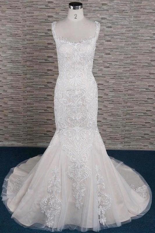 Sleek Square Neck Appliques Pretty Mermaid Elegant Wedding Dresses (ZD14712)