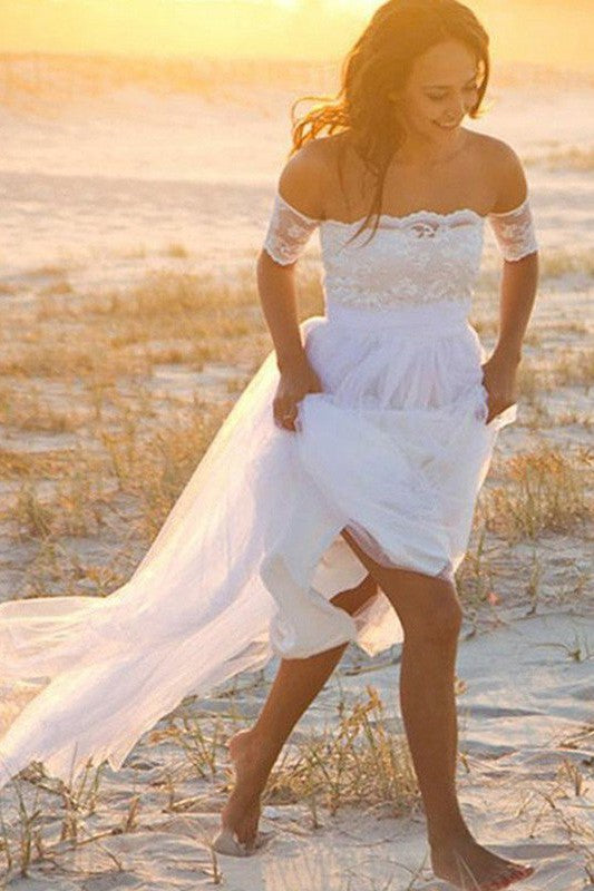 Sleeveless A-Line Floor-Length Off-the-Shoulder Lace Chiffon Wedding Dresses