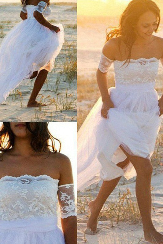 Sleeveless A-Line Floor-Length Off-the-Shoulder Lace Chiffon Wedding Dresses