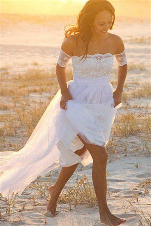 Sleeveless A-Line Floor-Length Off-the-Shoulder Lace Chiffon Wedding Dresses