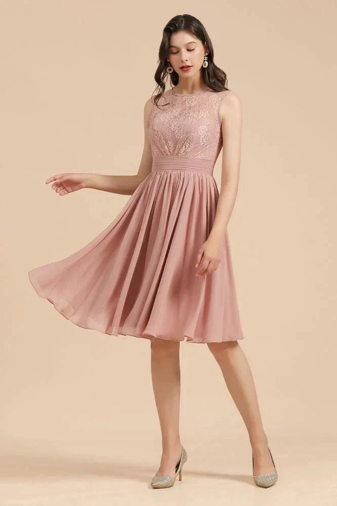Sleeveless Crew neck Lace Chiffon Party Dress Mini Bridesmaid Dress (ZD13097)
