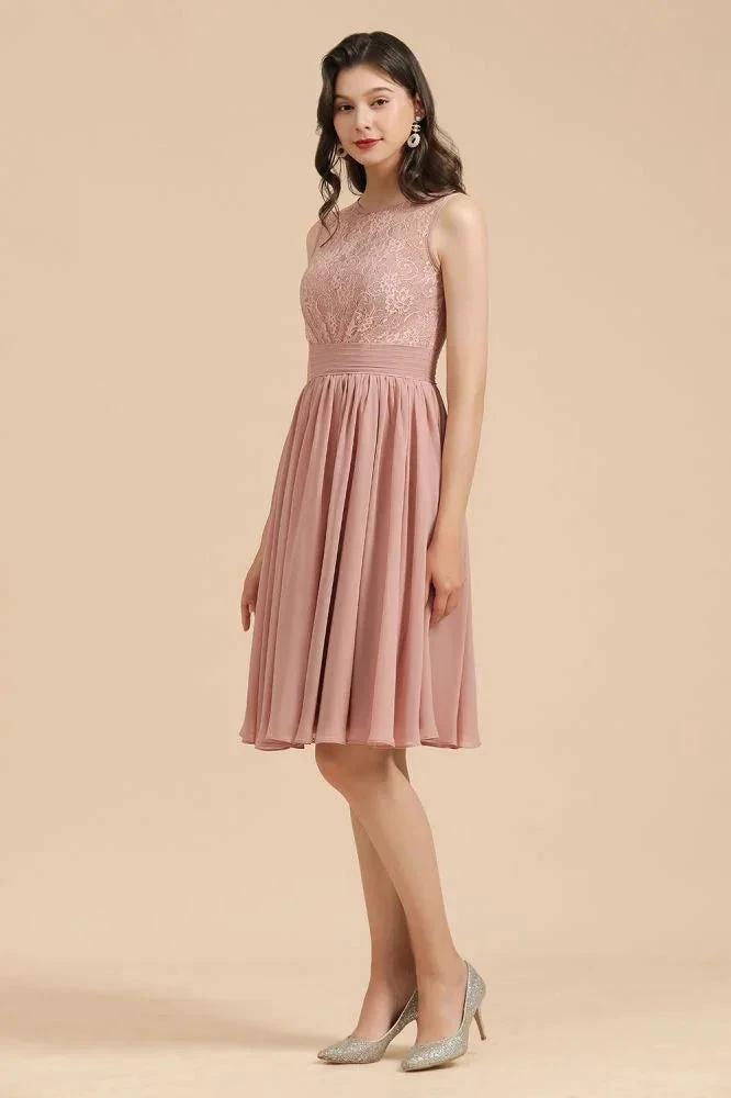 Sleeveless Crew neck Lace Chiffon Party Dress Mini Bridesmaid Dress (ZD13097)