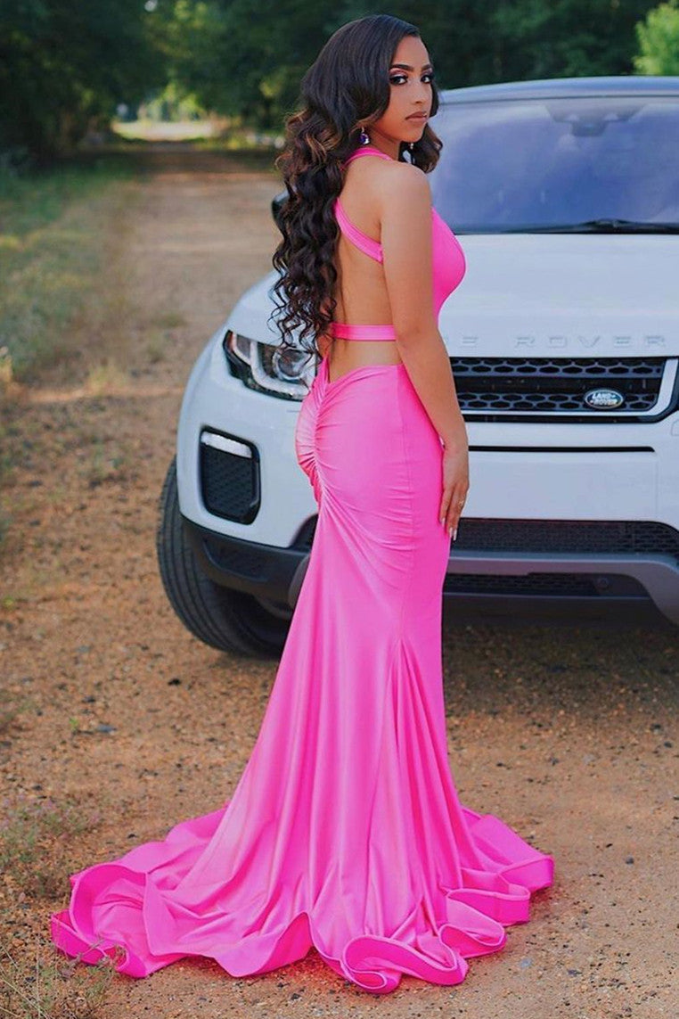 Sleeveless Hot pink Criss-cross back Mermaid Long Train Prom Dresses