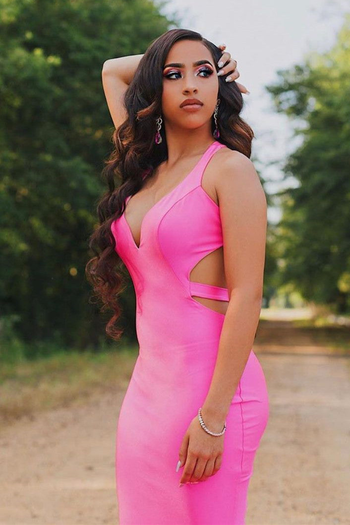 Sleeveless Hot pink Criss-cross back Mermaid Long Train Prom Dresses