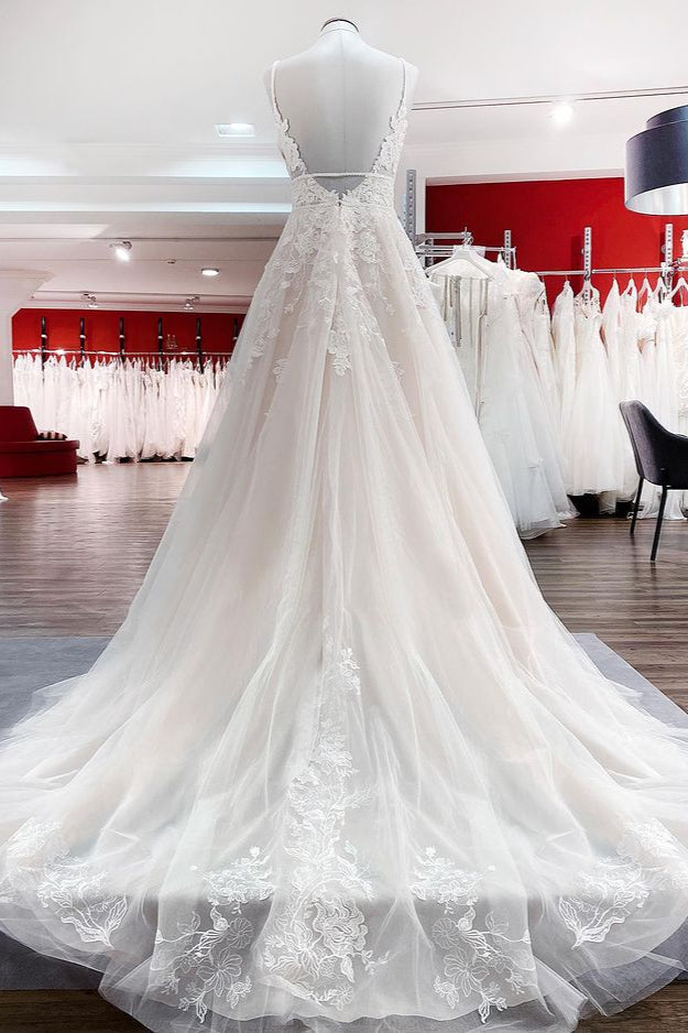 Sleeveless Tulle V Neck Ruffles Wedding Dresses With Lace (ZD17537)