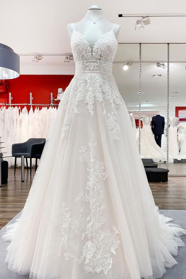 Sleeveless Tulle V Neck Ruffles Wedding Dresses With Lace (ZD17537)