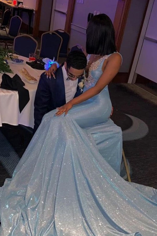 Sleeveless V-Neck Appliques Court Train Mermaid Long Prom Dresses