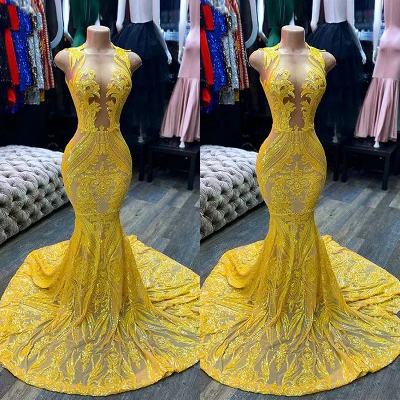 Yellow prom dresses, sheer prom dress, lace evening dress, vintage prom dresses, custom make prom dress - View 2 | FashionDia
