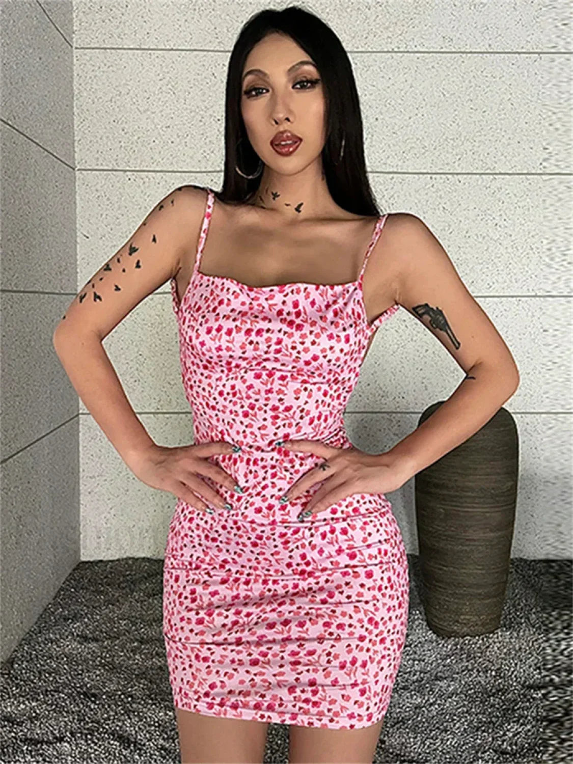 Sling Wrap Bodycon Floral Dress Pink / S