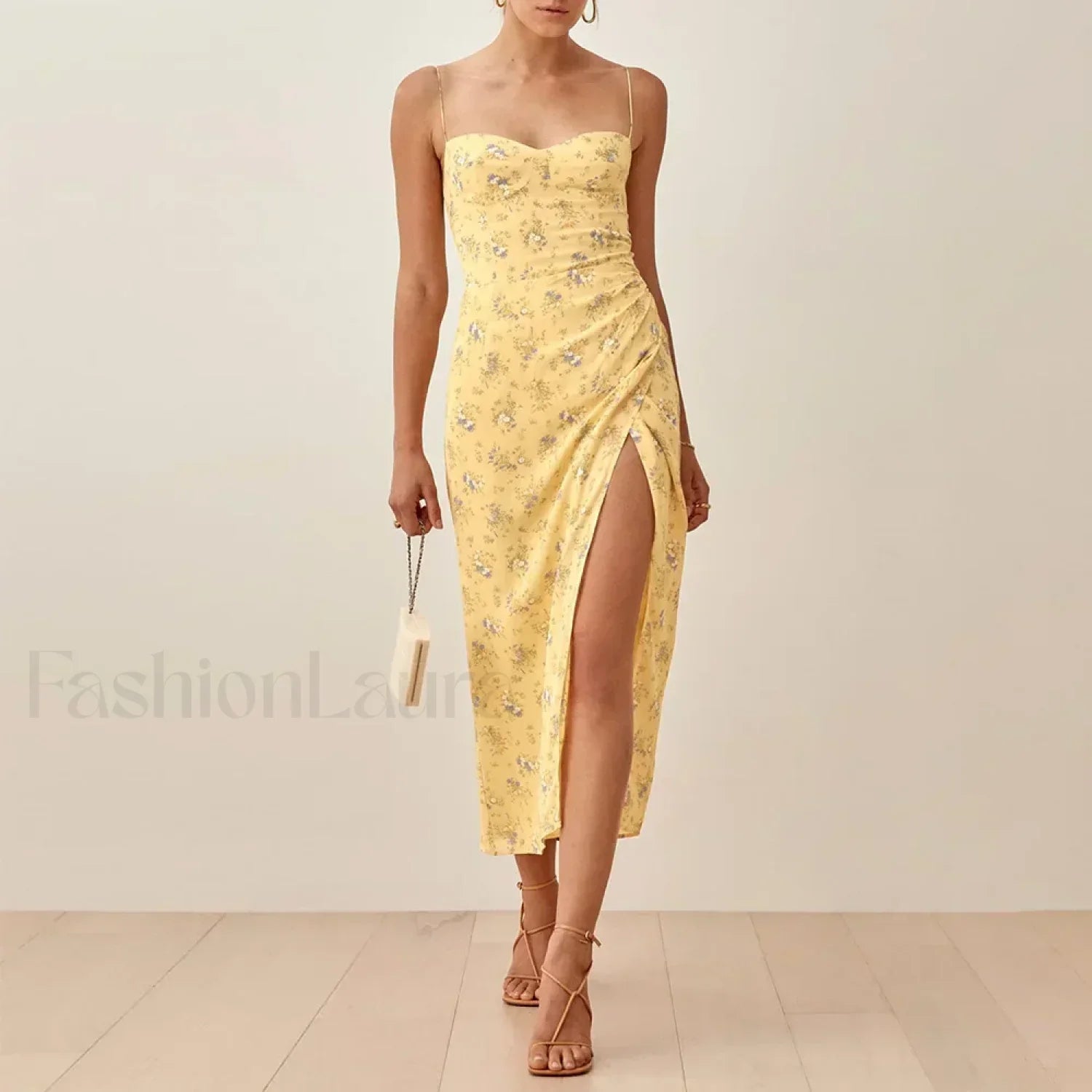 Slit Spaghetti Chiffon Floral Dress yellow / S