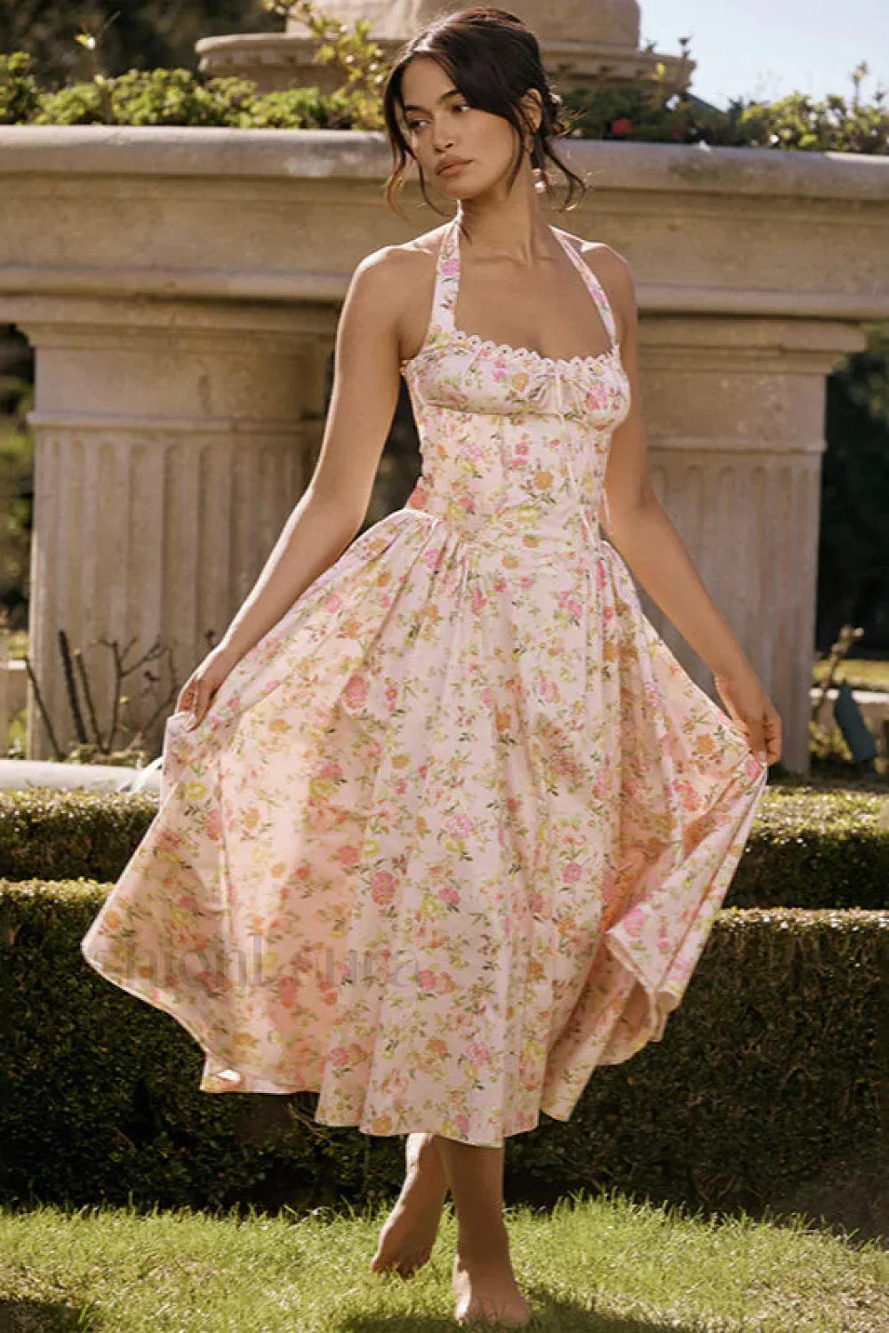 Small Fragrant Casual Printed Halter Strap Mini Floral Dress Pink / S