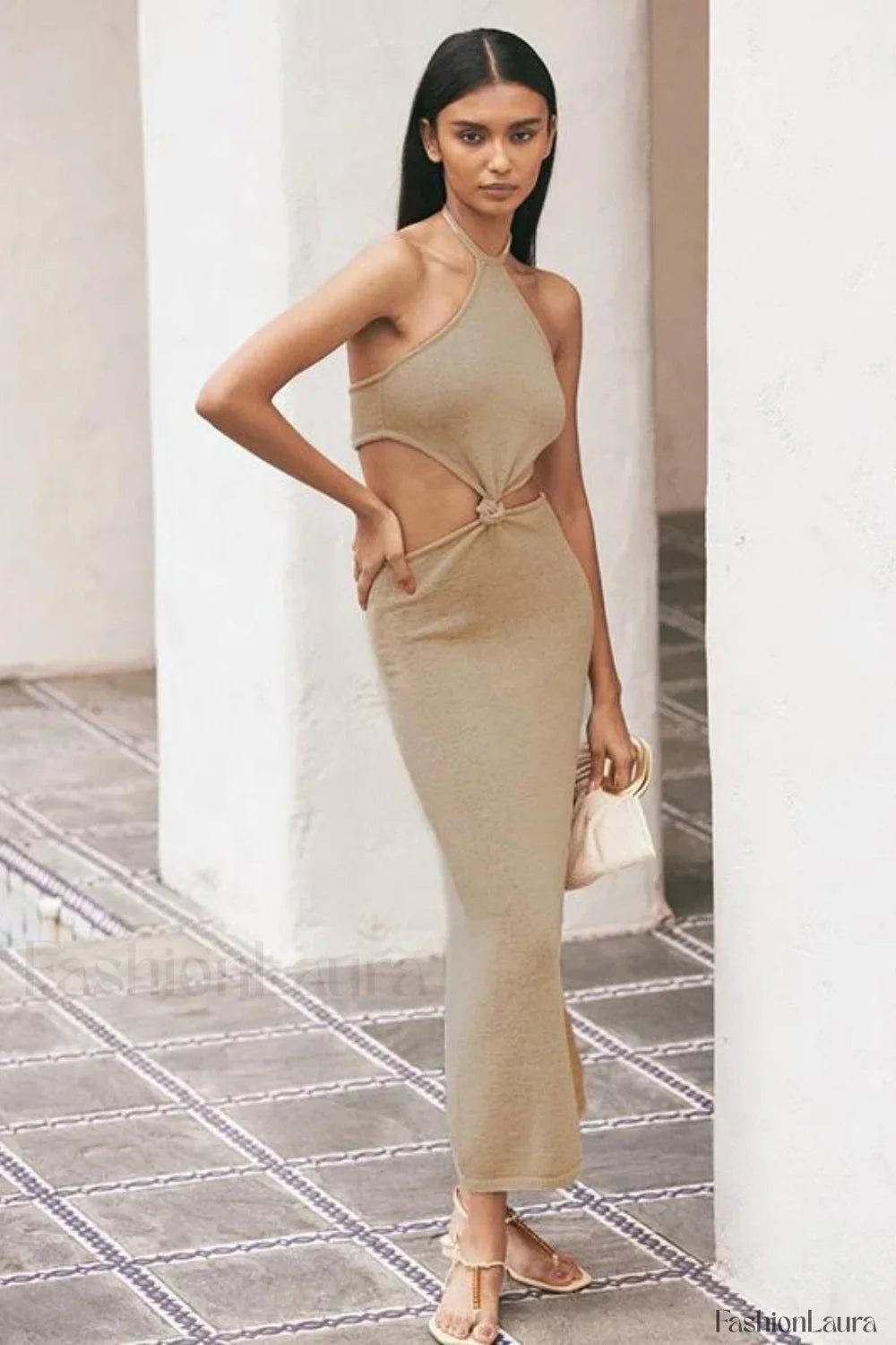 Solid Backless Halter Bodycon Work Dress