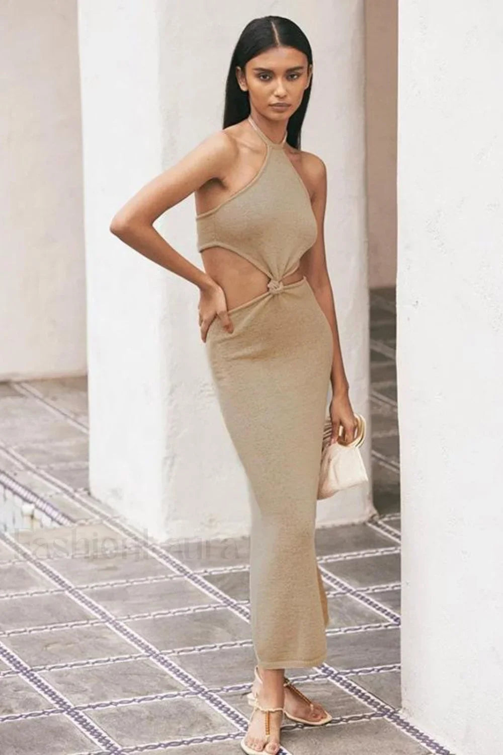 Solid Backless Halter Bodycon Work Dress
