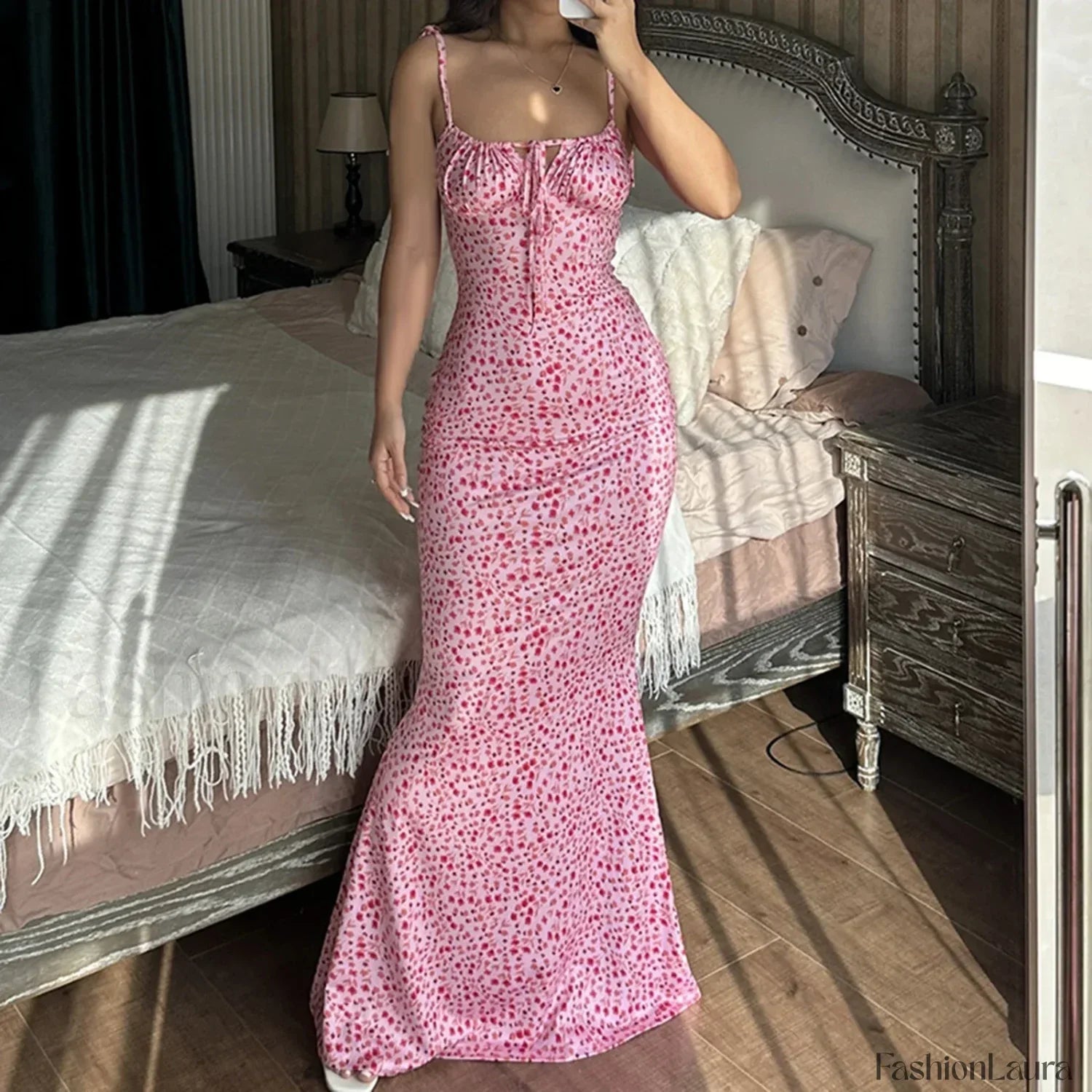 Spaghetti Bodycon Blue Floral Dress