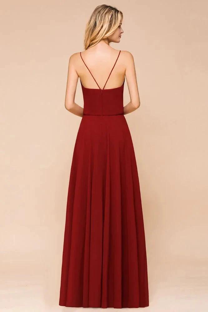 Spaghetti Chiffon Bridesmaid Dress Backless Burgundy Floor-Length Beach Wedding Dress (ZD12956)