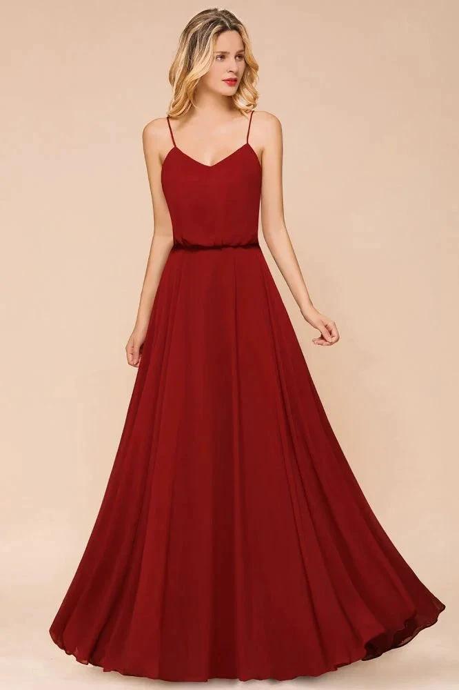 Spaghetti Chiffon Bridesmaid Dress Backless Burgundy Floor-Length Beach Wedding Dress (ZD12956)