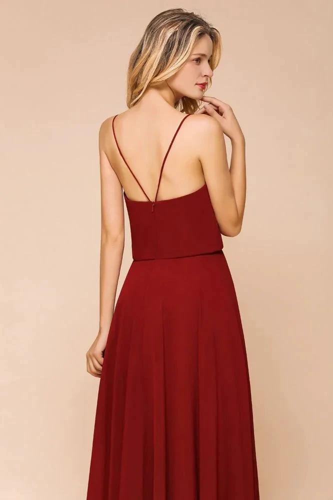 Spaghetti Chiffon Bridesmaid Dress Backless Burgundy Floor-Length Beach Wedding Dress (ZD12956)