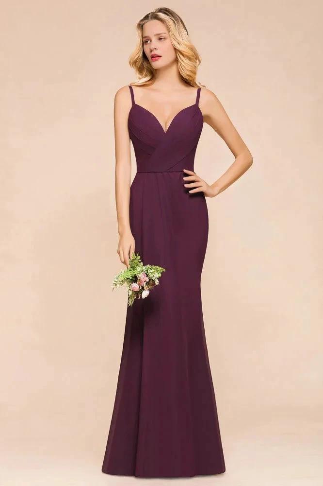 Spaghetti Mermaid Bridesmaid Dress Chiffon Simple Floor Length Party Gown (ZD12975)