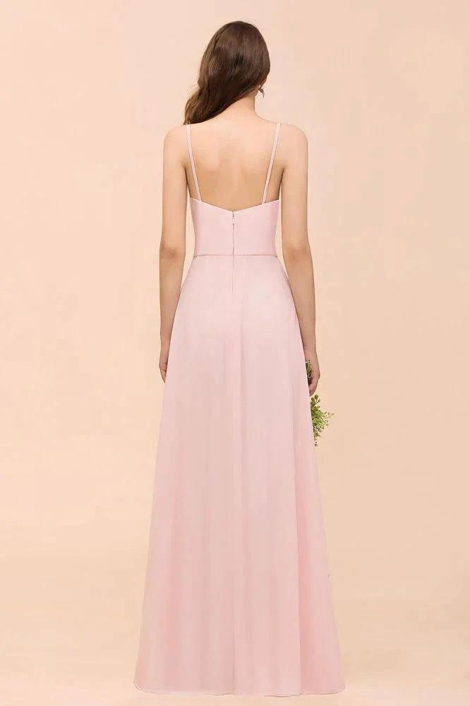 Spaghetti Side Split Pink Bridesmaid Dress Beach Simple Wedding Dress (ZD12989)
