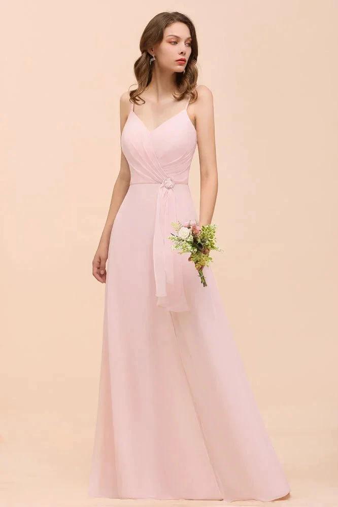 Spaghetti Side Split Pink Bridesmaid Dress Beach Simple Wedding Dress (ZD12989)