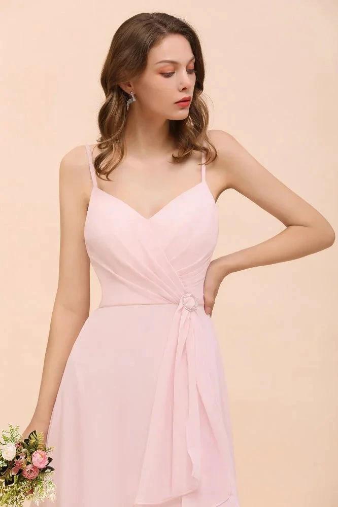 Spaghetti Side Split Pink Bridesmaid Dress Beach Simple Wedding Dress (ZD12989)