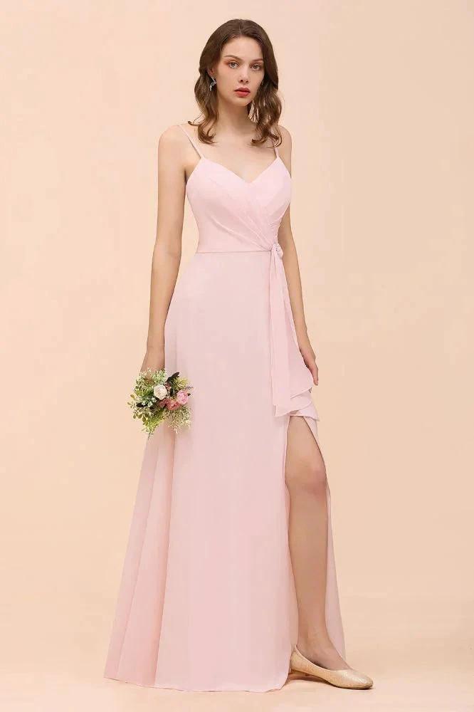 Spaghetti Side Split Pink Bridesmaid Dress Beach Simple Wedding Dress (ZD12989)