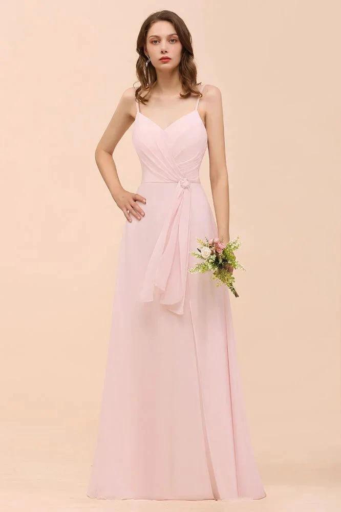 Spaghetti Side Split Pink Bridesmaid Dress Beach Simple Wedding Dress by misshow.com