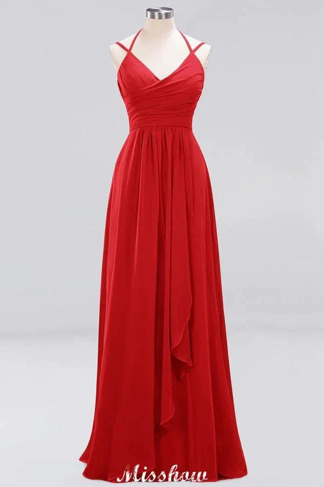 Spaghetti Sleeveless Ruffles A-line Chiffon Bridesmaid Dresses Straps Evening Maxi Dress by misshow.com