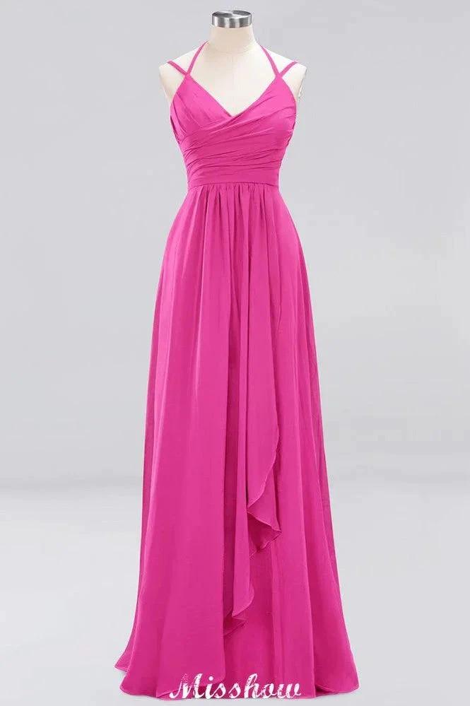 Spaghetti Sleeveless Ruffles A-line Chiffon Bridesmaid Dresses Straps Evening Maxi Dress by misshow.com