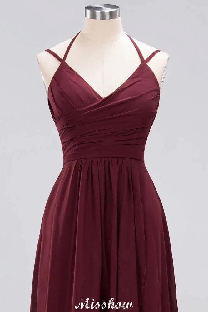 Spaghetti Sleeveless Ruffles A-line Chiffon Bridesmaid Dresses Straps Evening Maxi Dress (ZD12883)