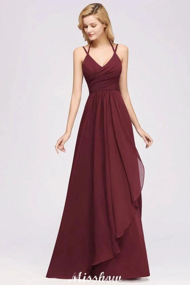 Spaghetti Sleeveless Ruffles A-line Chiffon Bridesmaid Dresses Straps Evening Maxi Dress by misshow.com