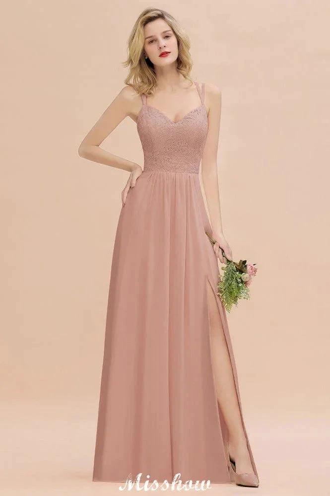 Spaghetti Slim Side Split Bridesmaid Dress Sky Blue V-Neck Wedding Party Dress by misshow.com
