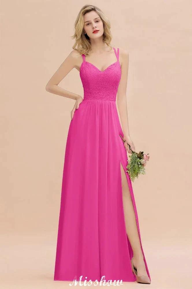 Spaghetti Slim Side Split Bridesmaid Dress Sky Blue V-Neck Wedding Party Dress by misshow.com