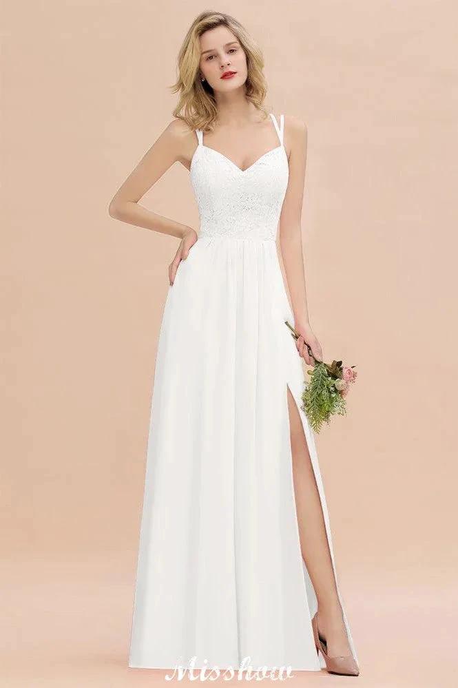 Spaghetti Slim Side Split Bridesmaid Dress Sky Blue V-Neck Wedding Party Dress (ZD12892)