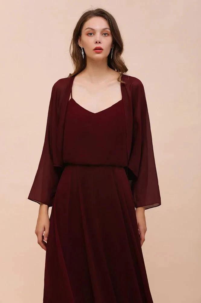 Spaghetti Sraps Burgundy Bridesmaid Dress with Wraps Floor Length Wedding Guest Dres (ZD13007)