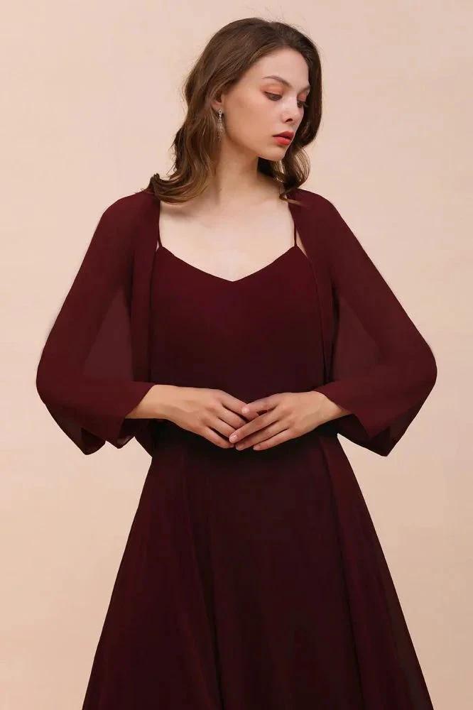 Spaghetti Sraps Burgundy Bridesmaid Dress with Wraps Floor Length Wedding Guest Dres (ZD13007) - View 5 | VelvetHem