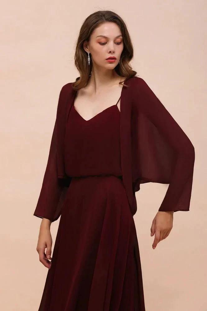 Spaghetti Sraps Burgundy Bridesmaid Dress with Wraps Floor Length Wedding Guest Dres (ZD13007)