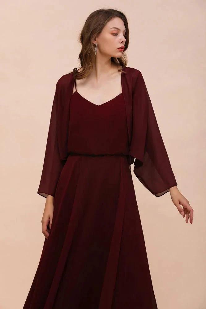 Spaghetti Sraps Burgundy Bridesmaid Dress with Wraps Floor Length Wedding Guest Dres (ZD13007)