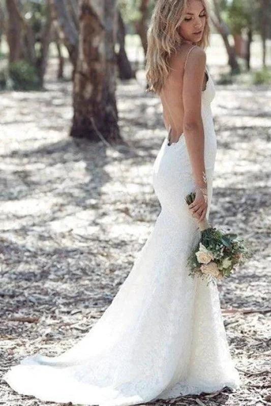 Spaghetti Strap Lace Beach Backless V Neck Sweep Train Long Elegant Wedding Dresses (ZD14720)