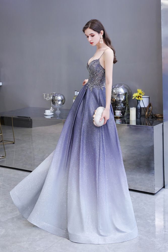 Spaghetti Strap Ombre Pruple Sparkle Prom Dresses