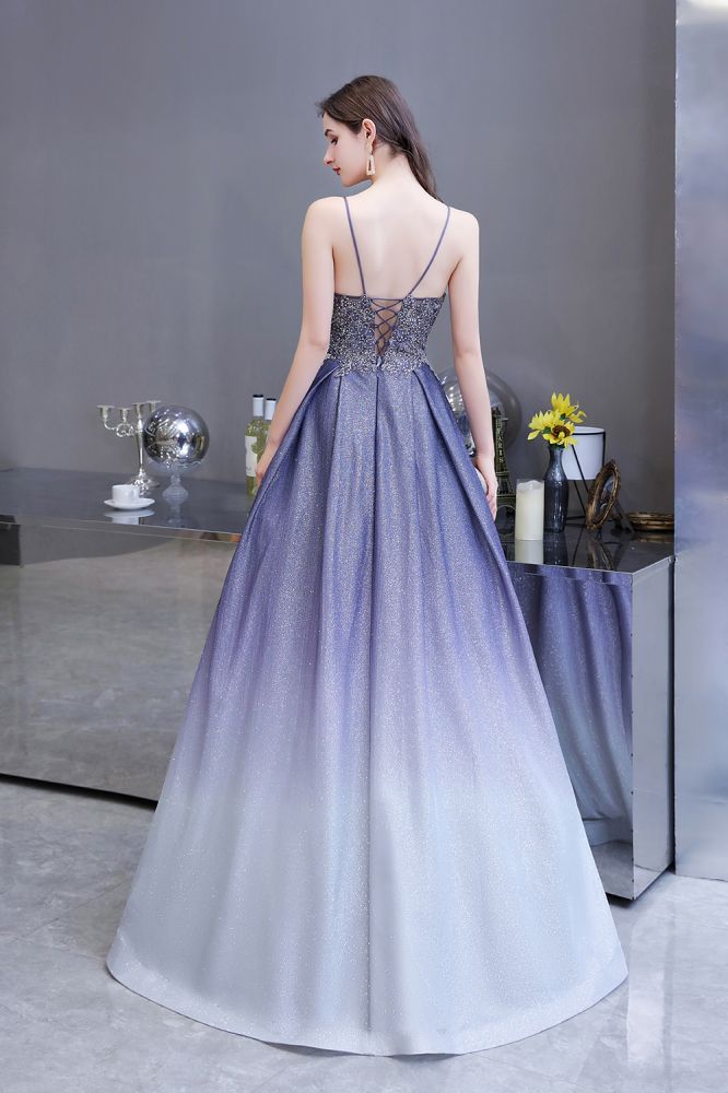 Spaghetti Strap Ombre Pruple Sparkle Prom Dresses