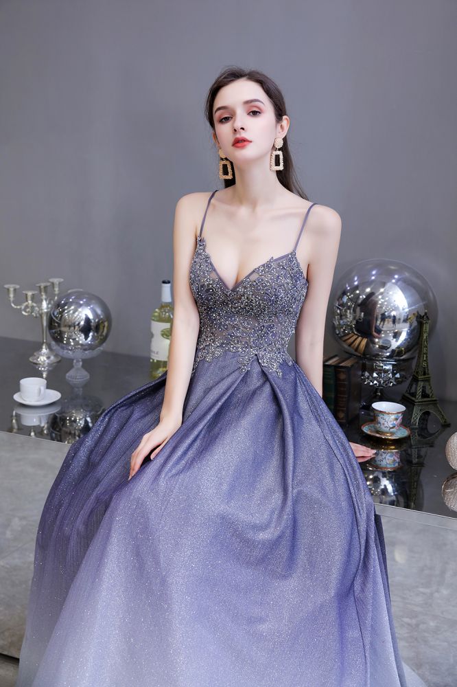 Spaghetti Strap Ombre Pruple Sparkle Prom Dresses