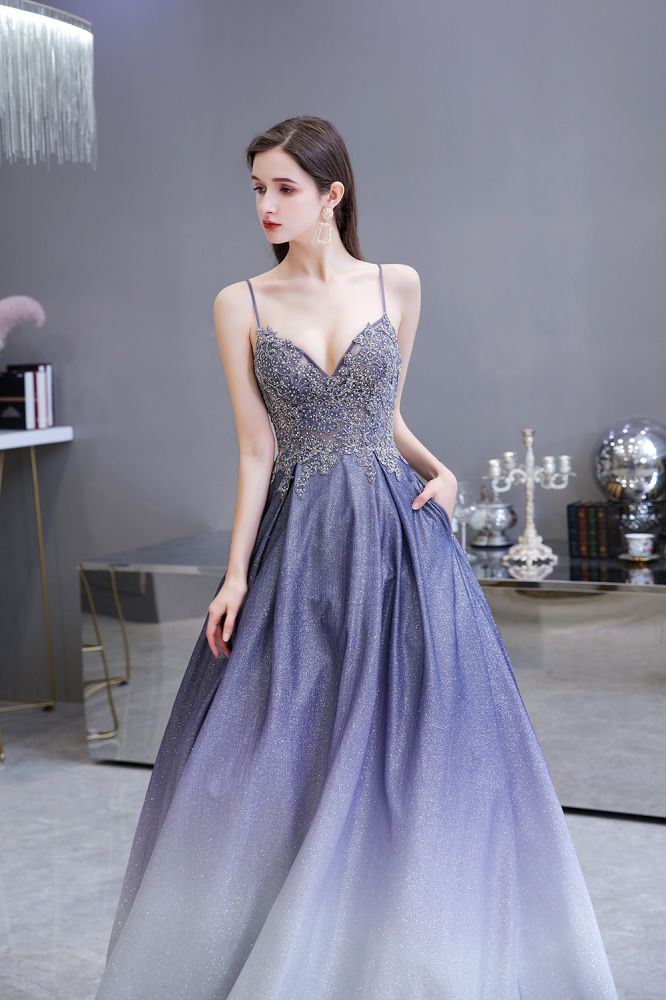 Spaghetti Strap Ombre Pruple Sparkle Prom Dresses