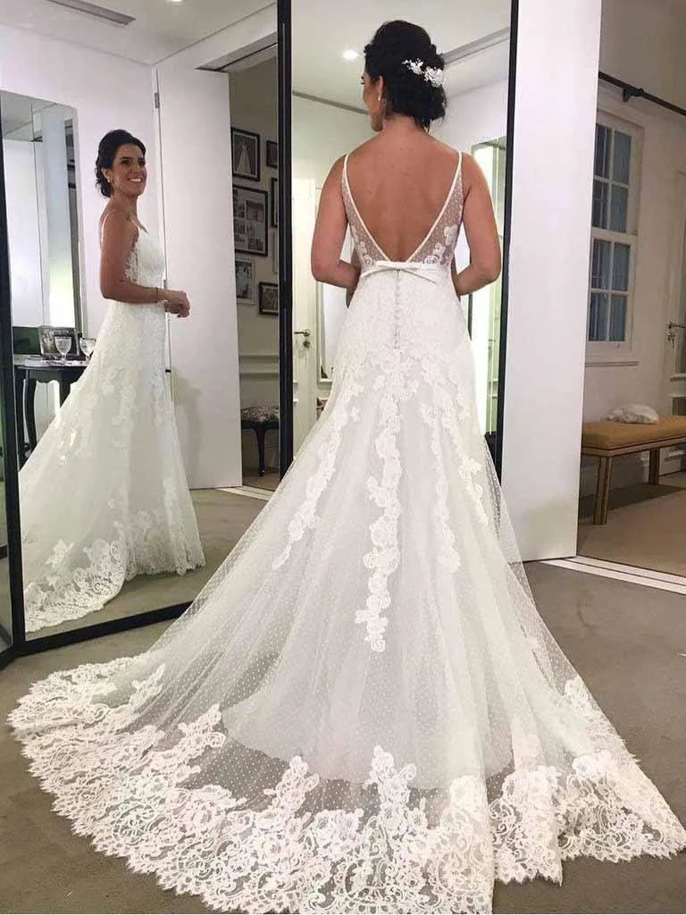 Spaghetti Strap Printed Backless Lace Beach Wedding Dresses with Sash (ZD15328)