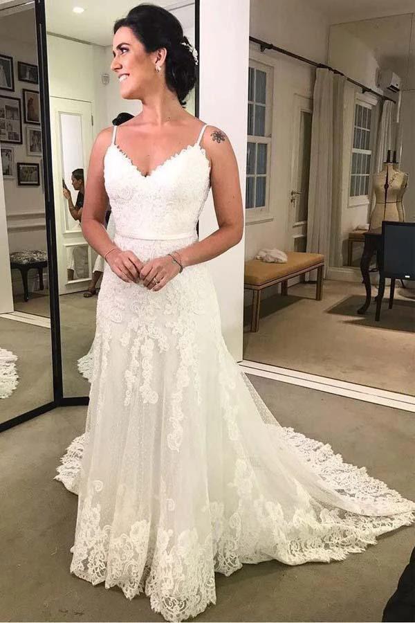 Spaghetti Strap Printed Backless Lace Beach Wedding Dresses with Sash (ZD15328)