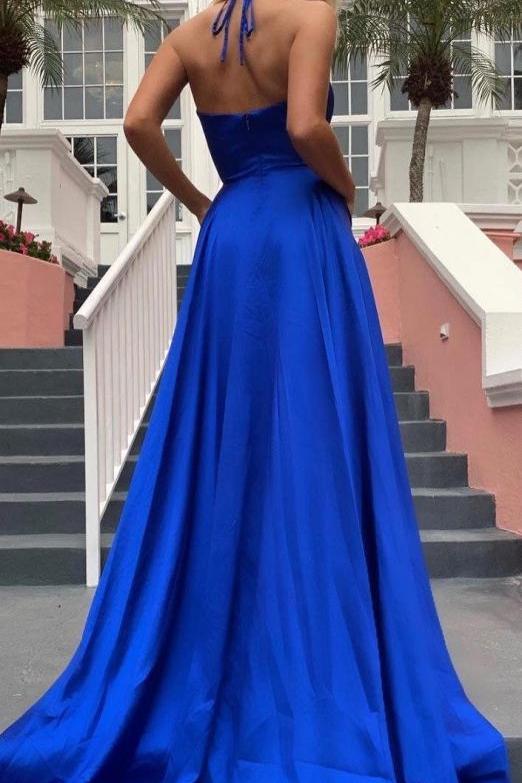Spaghetti Strap Shiny Royal Blue Prom Party Gowns with High Split Chic V-Neck Princess Evening dress