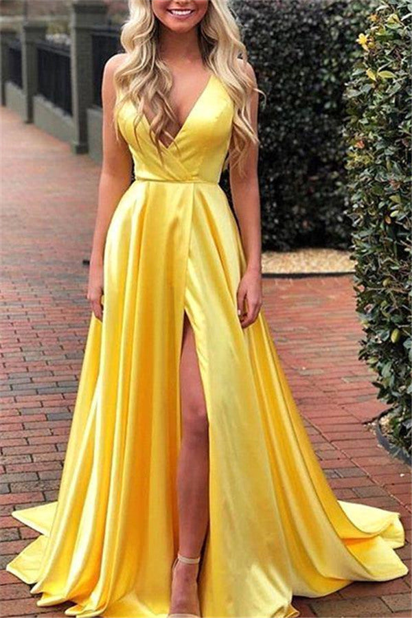 Spaghetti Strap Shiny Royal Blue Prom Party Gowns with High Split Chic V-Neck Princess Evening dress