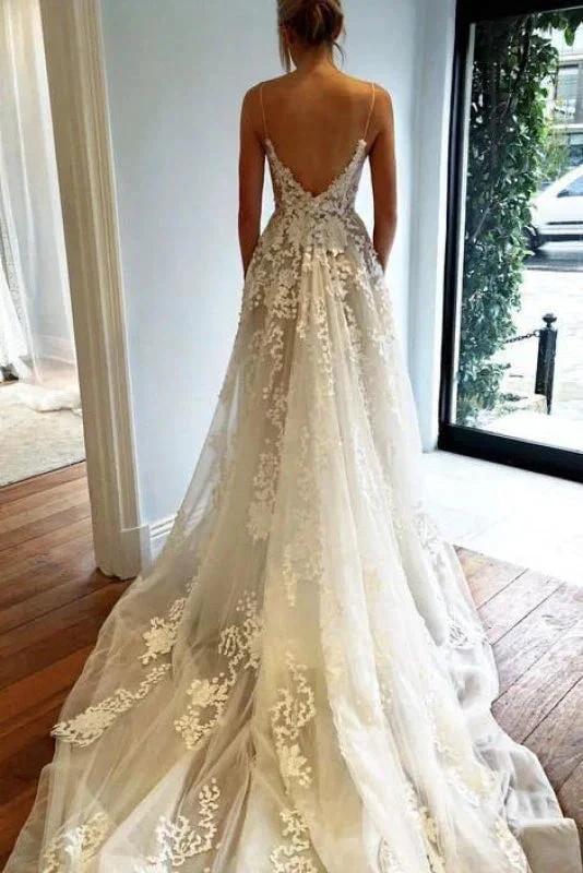 Spaghetti Strap V Neck Beach Court Train Tulle Elegant Wedding Dresses with Lace (ZD16575) - View 2 | VelvetHem