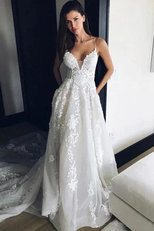 Spaghetti Strap V Neck Beach Court Train Tulle Elegant Wedding Dresses with Lace (ZD16575) - VelvetHem